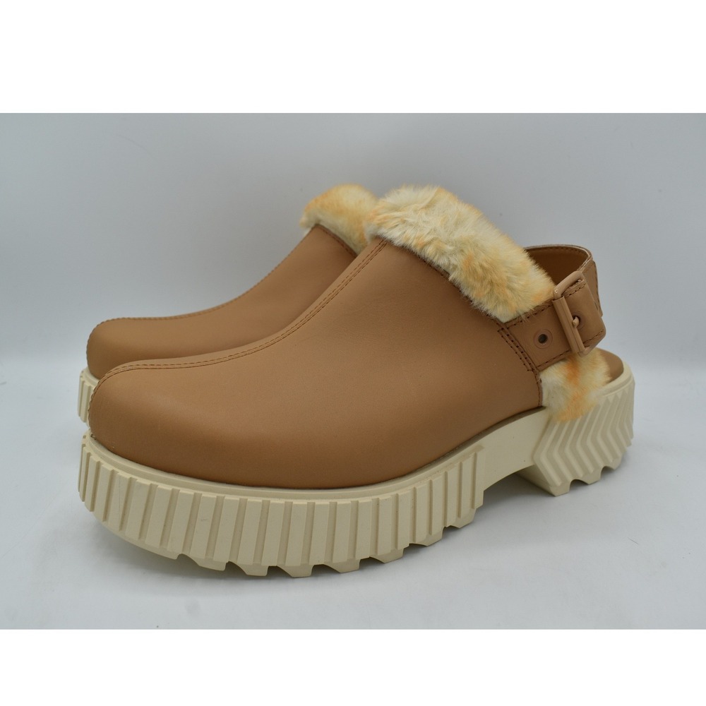 Sorel Women Size 9.5 ONA AVE Tawny Buff Leather Faux Fur Ankle Strap Mules Shoes